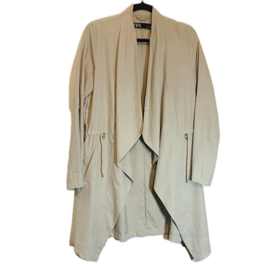 Zara Beige Waterfall Jacket Longline Lightweight Utility Raincoat Tan Size S…